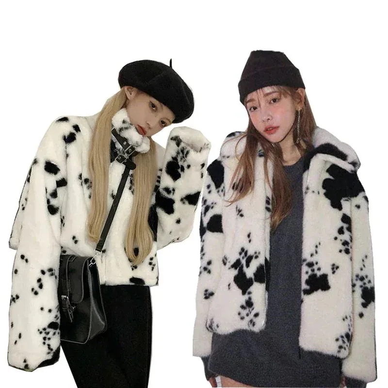 【送料無料】ダルメシアン柄　アニマル柄　ファージャケット　ボアジャケット　ファーコート オーバーサイズ 防寒 アウター 暖かい 韓国ファッション