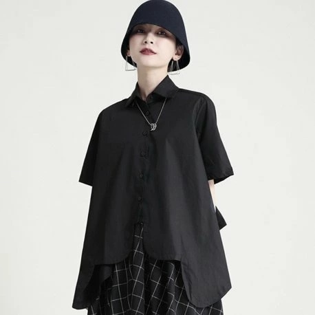 シャツブラウス レディース オーバーシャツ レディース トップス ルーズ アシンメトリー バックタック ボリューム イレギュラーデザイン ペプラム フロントボタン イレギュラーヘム オーバーサイズ