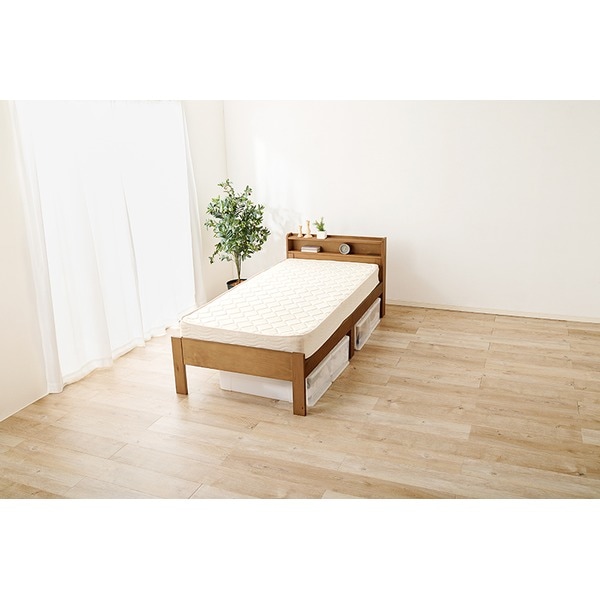 ベッド シングル ボンネルコイルマットレス付き ライトブラウン 木製 棚付き 宮付き コンセント付き すのこ 組立品