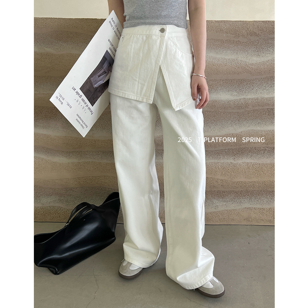 T-PLATFORM ナローバージョン モップパンツ つなぎ合わせ フェイクツーピース レイヤード カジュアルパンツ スカート 25012R