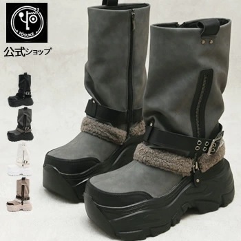 ヨースケ公式キズ補修液付 ファー付き 厚底ブーツ レディース 9cm トラックソール 厚底スニーカー