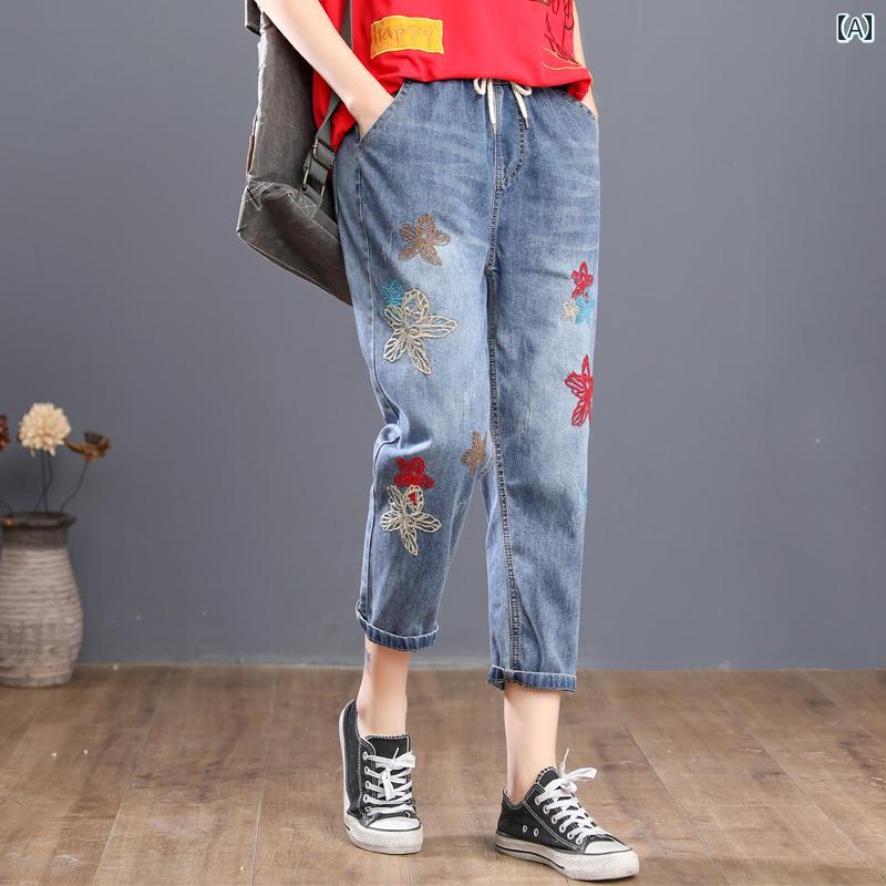 デニムパンツ レディース ジーンズ レトロ カジュアル 大きめサイズ 春夏 花 刺繍 クロップド ハイウエスト ウォッシュド ストレート ブルー