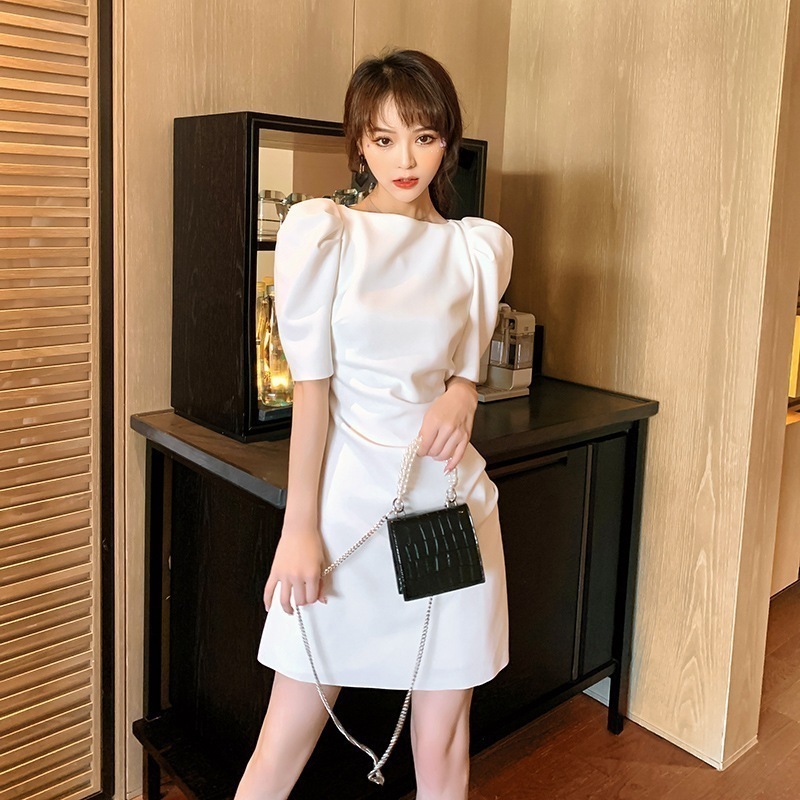 新款 夏物 パフスリーブ スリットネック パックヒップ ワンピース Aラインスカート フォーマル パーティードレス 同窓会 結婚式 披露宴 卒業式 演奏会 二次会 発表会