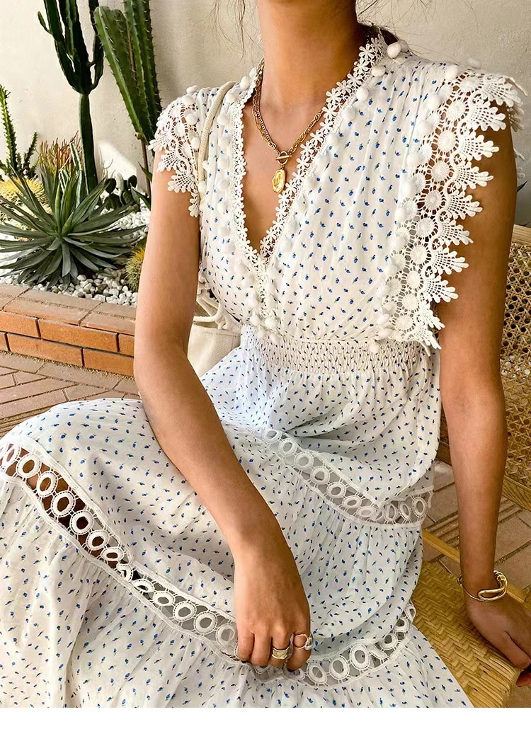 レースローズプリントポンポンノースリーブワンピース カジュアルワンピース 上品 花柄 体型カバー ナチュラル 可愛い 春夏 シンプル 締め付けない リラックス美人 可愛い 30代 40代 50代