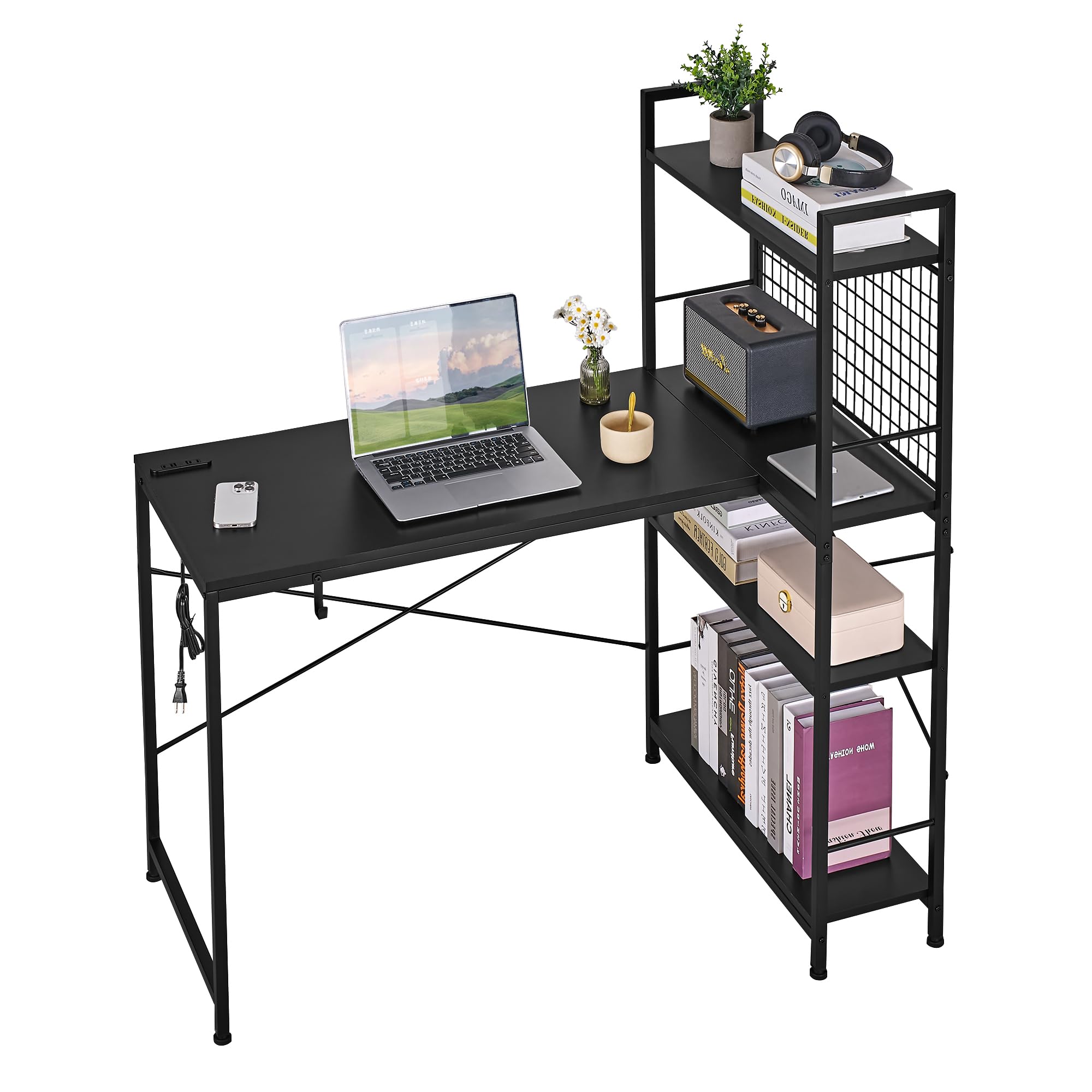 パソコンデスク 幅120×奥行70×高さ76cm 棚付デスク A4対応 オフィスデスク 本棚 コンパクト ラック 仕事 手入れ簡単 ゲーム 办公桌 ブラック 14820 14,288円