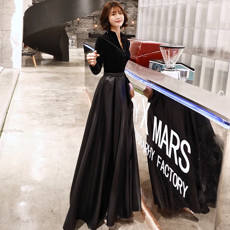 ドレス ワンピース ワンピドレス ロング ロング丈 マキシ マキシ丈 袖あり 長袖 Vネック スタンドネック フレア スリム 細身 Aライン 切り替えデザイン タック ベロア 異素材MIX ベルベット