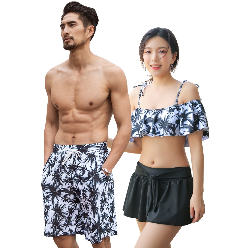 水着 ペア水着 レディース メンズ カップル水着 体型カバー ビーチパンツ お揃い ペアルック トランクス ビキニ 海 プール 夫婦 恋人 彼氏 彼女 大きいサイズ ヤシ柄 2019年新作