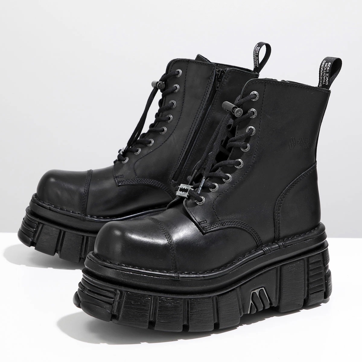 NEW ROCK ニューロック レースアップブーツ M-NEWMILI083-S21 メンズ ショートブーツ レザー 厚底 チャンキーソール ロゴ シューズ 靴 ブラック