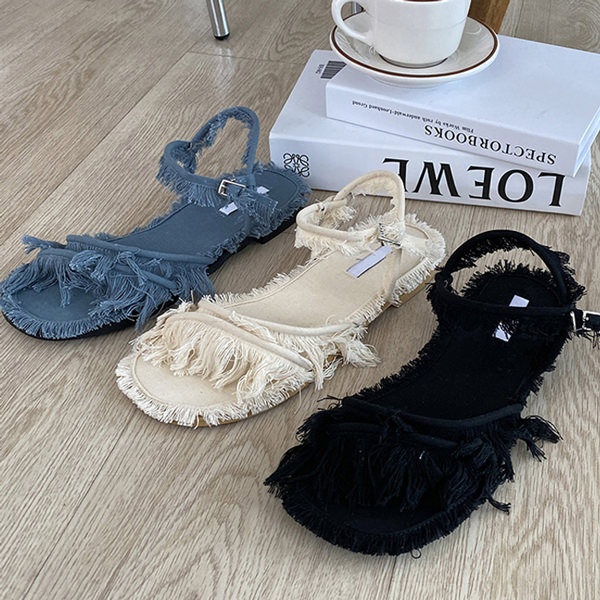 サンダル アンクルストラップ ほつれデザイン ダメージ加工 黒 ブラック デニム アイボリー