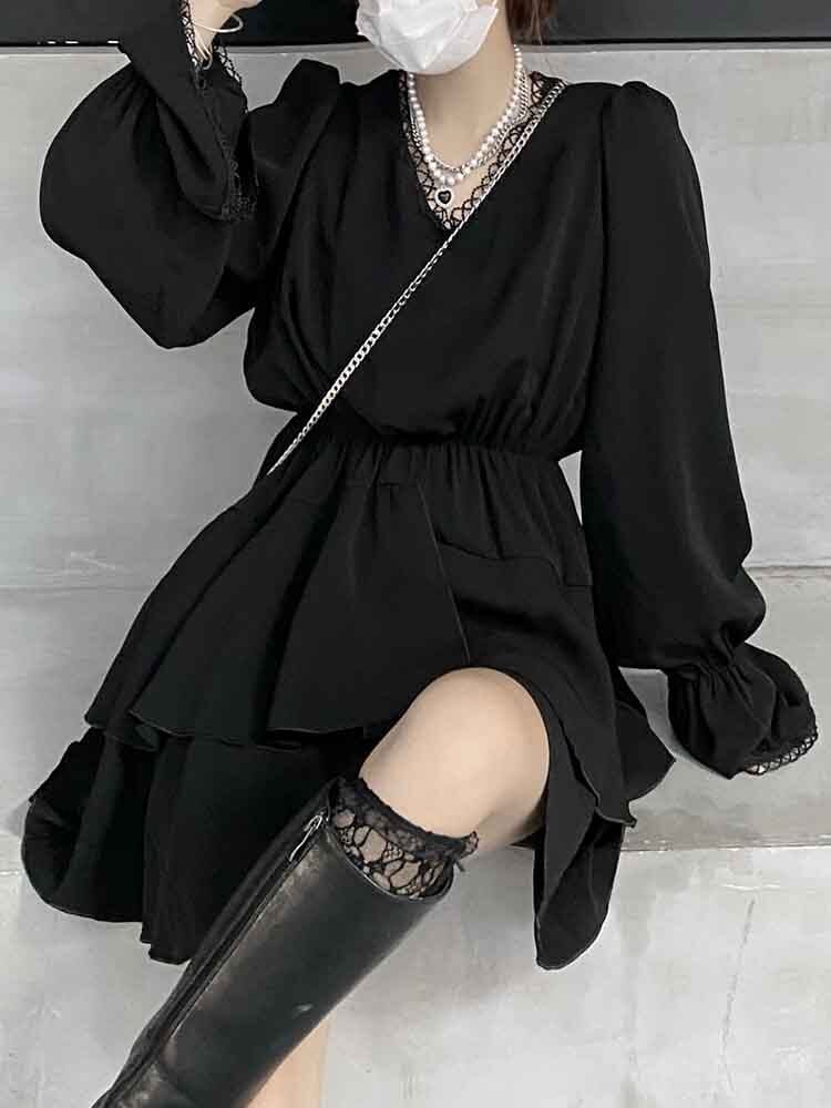 甘すぎない大人フェミニン バブルスリーブティアードミニワンピース 大人かわいい ウエストマーク フレア 長袖 体型カバー 大きいサイズ 韓国 CH4240