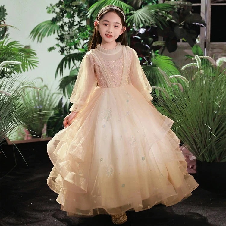 子供ドレス ロングドレス ピアノ発表会ドレス 立ち襟 スパンコール パール オシャレ シャンパンピンク 演奏会ドレス 女児ドレス パフスリーブ フリル 可愛い 女の子ドレス 長袖 9分袖 チュール袖