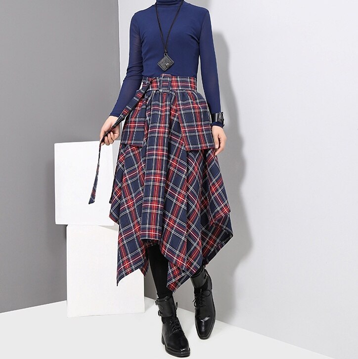 スカート 秋冬 きれいめ レディース フレアスカート ロング丈 マキシ マキシ丈 9分丈 アンクル丈 不規則丈 チェック柄 ギンガムチェック 格子柄 星 ウエストマーク ベルト ネイビー 大人カラー