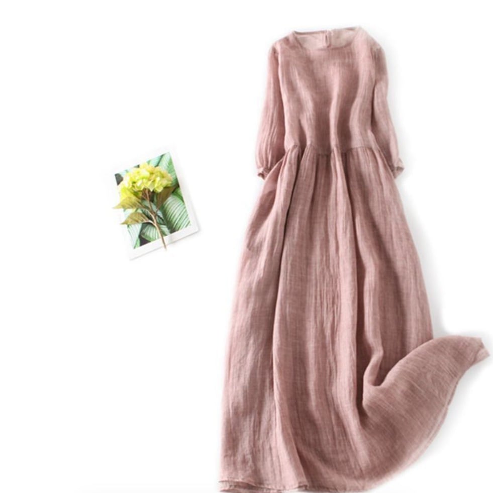 【気質アップ】 人気上昇中 2色ラウンドネック綿麻ハイウエストワンピース