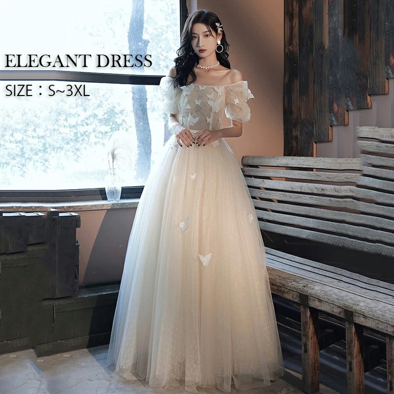 パーティードレス レディース 結婚式 ワンピース ウエディングドレス プリンセス 二次会 イブイングドレス 衣装 演奏会 発表会 ロングドレス 大きいサイズ オフショルダー チュール 蝶柄 おしゃれ 5,527円