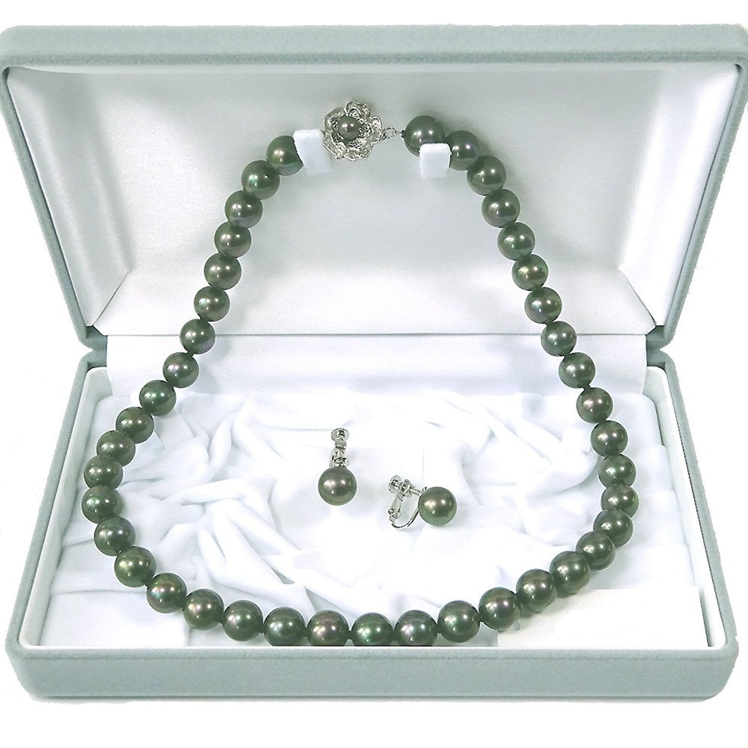 [あなたと私の宝石箱] 別珍ケース黒真珠・ネックレスイヤリング（ピアス）45Eケース入り黒蝶貝パール9.0ミリピーコックカラー【ギフトラッピング済み】 (45 9.0mm イヤリング)