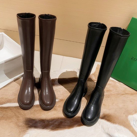 【取寄：納期2週間】ロングブーツ レディース ブーツ 靴 シューズ ロング丈 バックジッパー シンプル 無地 カジュアル お出掛け おしゃれ ローヒール 歩きやすい 疲れにくい 履きやすい