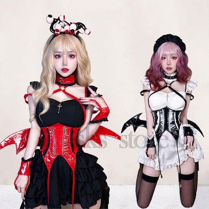 ハロウインコスプレ衣装 3色 ゴシック レディース メイド服 コスプレ ロリータ ゴスロリ ワンピース 小悪魔 コウモリ コスチューム 仮装 変装 ハロウイ30%までに制限