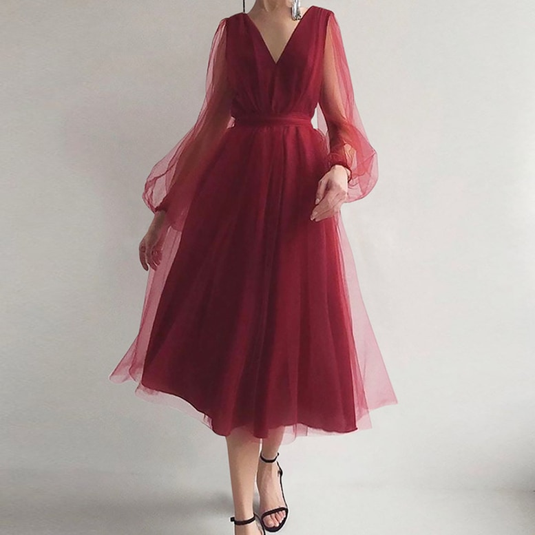 ワンピース ドレス レディース ロングワンピース チュール レース シアースリーブ Vネック 袖あり