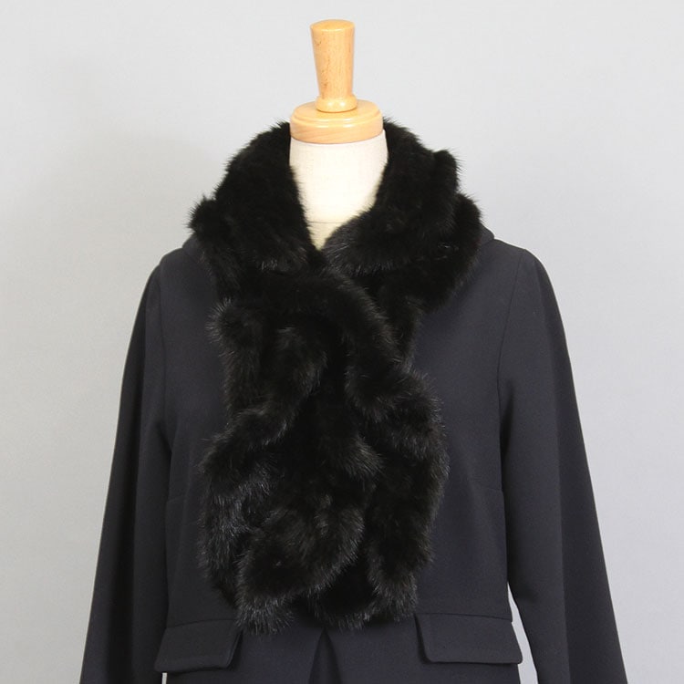 ミンク 編み込み ファー マフラー フリルデザイン ブラック 送料無料 レディース ギフト プレゼント