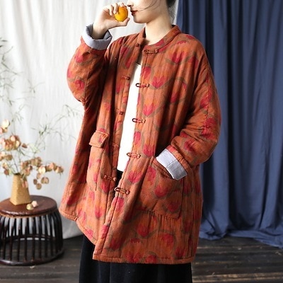 オリジナル冬レトロ民族風旧スタンドカラーバックル婦人服厚綿入れゆったりコート