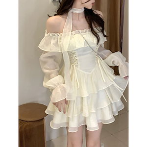 大ヒット ワンピース セクシーな肩出しギャルワンピース春秋ワンワードショルダーベルトウエストフリルレディース 韓 ファッション制服