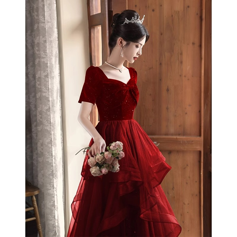 ウェアブライダル2024レッドウェディング婚約イブニングドレススカート