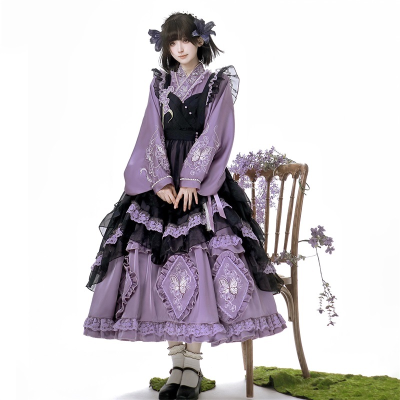 正規品デザイン羽紗紫蝶cos洋折衷新韓国ロリータワンピースエプロン