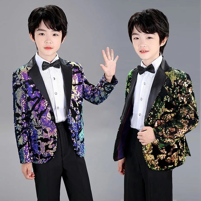 スパンコール ジャケット 蝶ネクタイ付き キラキラ 色違いスパンコール おしゃれ 新年 結婚式 発表会 ステージ衣装 ダンス衣装 舞台衣装 子供服 ダンス衣装 120 130 140 150 160
