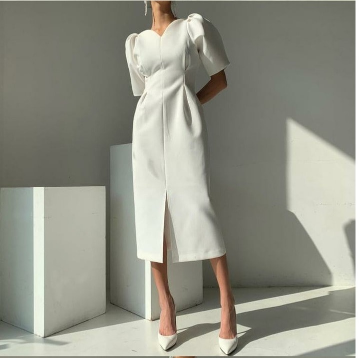 レディース ワンピース ドレス 膝下 ミモレ ロング 8分丈 9分丈 半袖 5分袖 ボリューム袖 パワーショルダー Vネック タイト ウエストマーク スリット ファスナー ハイウエスト かわいい 6,619円