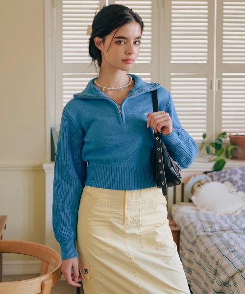 Seine Crop Half Zip Up-Blue