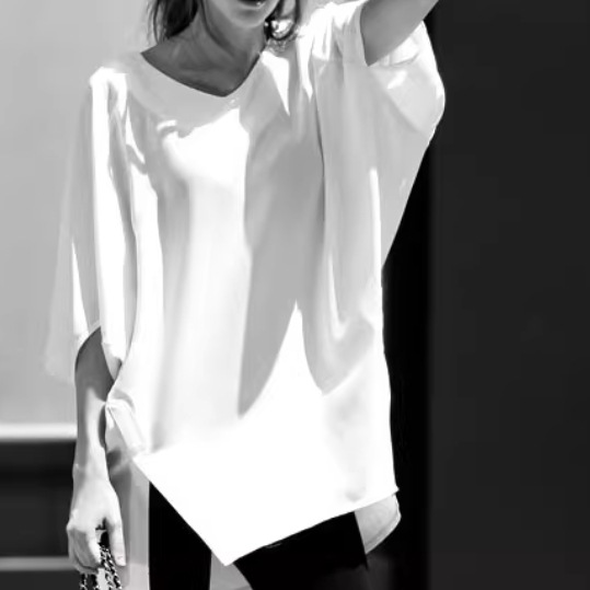 レディース トップス プルオーバー Tシャツ 半袖 ドルマンスリーブ Vネック 襟なし ワイド スリット サイドスリット 薄手 伸縮性 かわいい 大人可愛い きれいめ シンプル カジュアル 上品