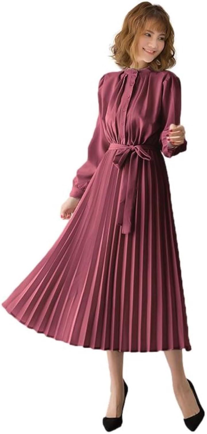 ブルーベリル シフォンワンピース ロング プリーツ レディース 長袖 ハイウエスト ウエストリボン フレア 春 秋 BB054(ワインレッド, S)