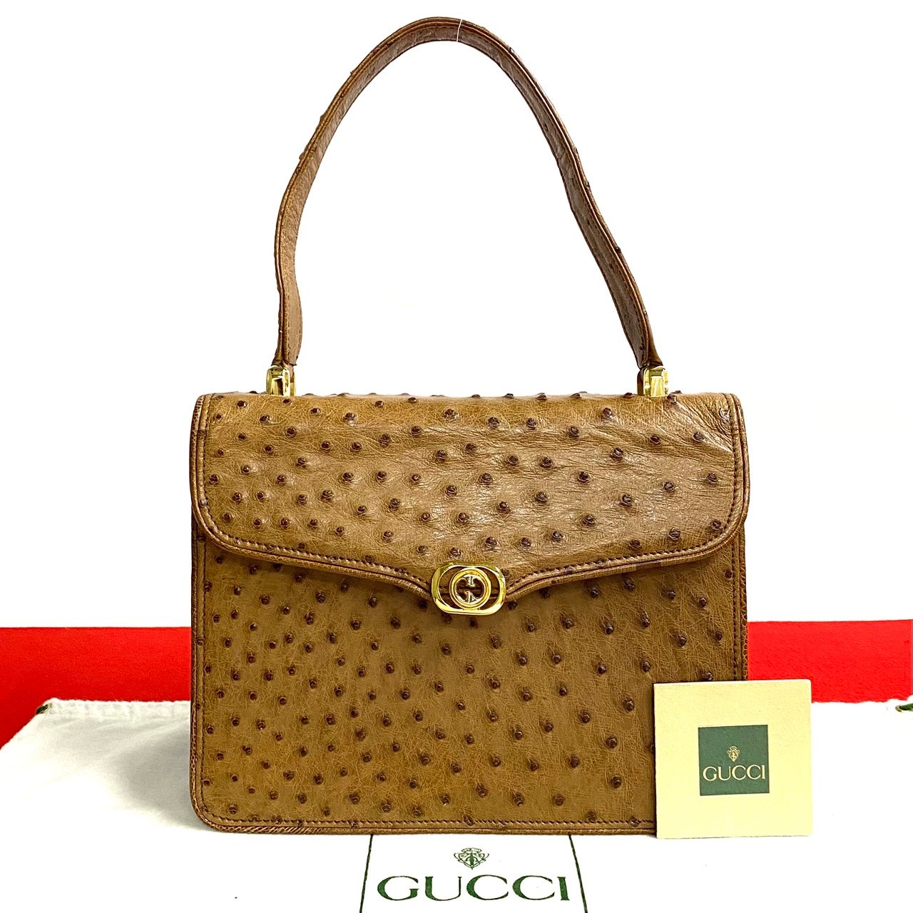 ヴィンテージ オールドグッチ GGロゴ 金具ハンドバッグ レザー オーストリッチ ブラウン 84463