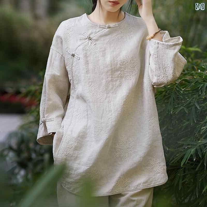 シャツ ドレス シャツ トップス レディース 中国 茶 ボタン アップ 女性 夏 リネン レトロ ラウンドネック 長袖 綿 リネンシャツ