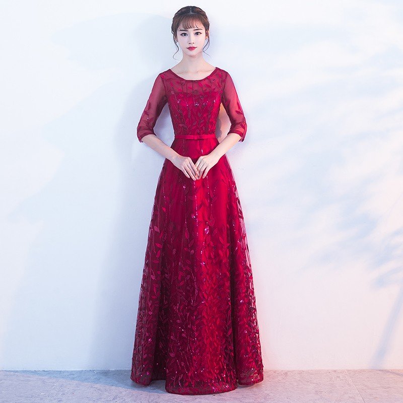 カラードレス パーティードレス aラインドレス 結婚式 二次会 ロングドレス イブニングドレス 演奏会 フォーマルドレス 長袖 コンサート 赤 サッシュリボン