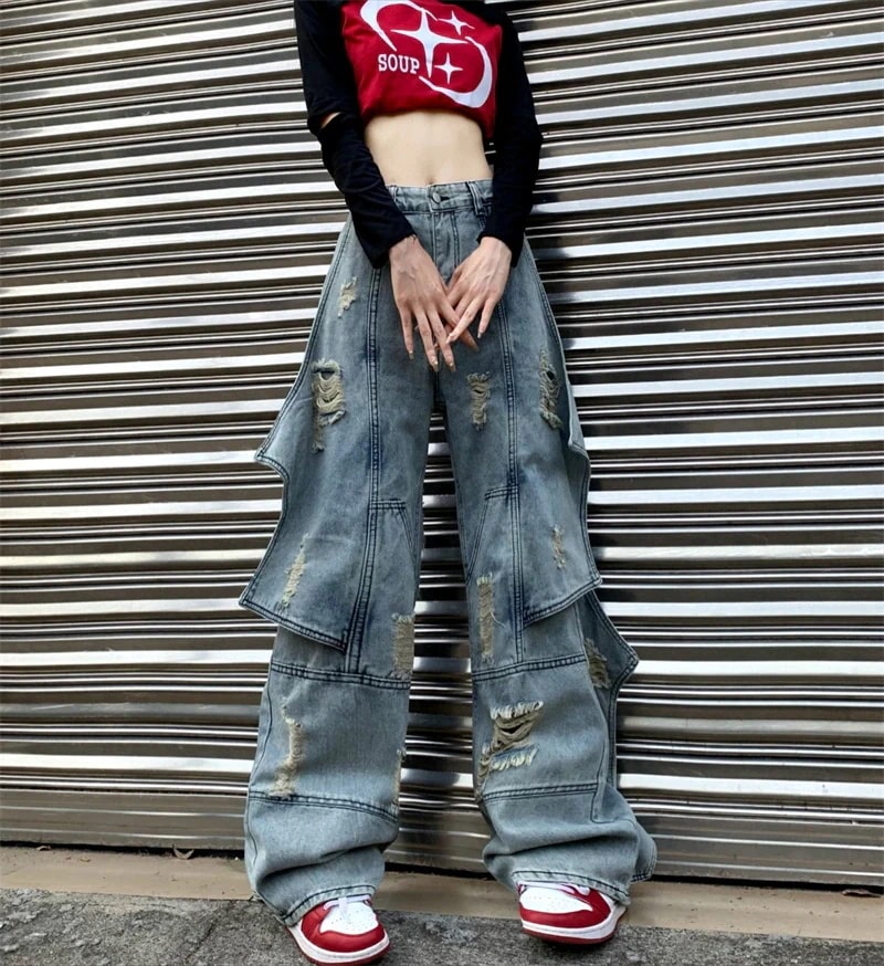 2024夏 韓国 4XL展開 ワイド デニムパンツ ボトムス ストレート パンツ ズボン ファッション系韓国 レディース カジュアル パッチワーク 学生 スタイルアップ 色っぽ 女っぽ