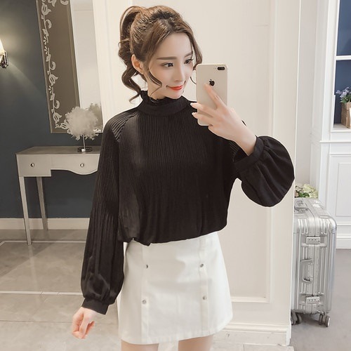 2470.上品なパフスリーブ長袖ブラウス（ブラック）2019 春夏秋 普段使い お出かけ 食事会
