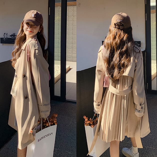 プリーツトレンチコート スタイリスト レディース プリーツ トレンチコート 春 秋 膝丈コート アウター ジャケット コート 韓国 ママコーデ お仕事コーデ デート お出掛け C298