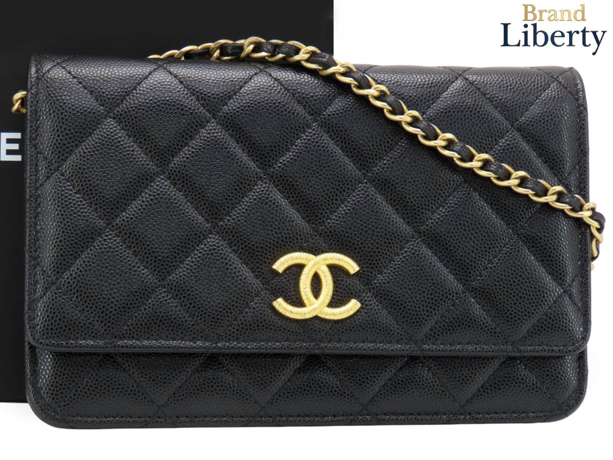 レア未使用シャネルCHANELマトラッセココマークキャビアスキンチェーンウォレット斜め掛けショルダーバッグショルダーポーチアクセサリーポーチポシェット財布ブラックゴールド金具パープルグレインドカーフス