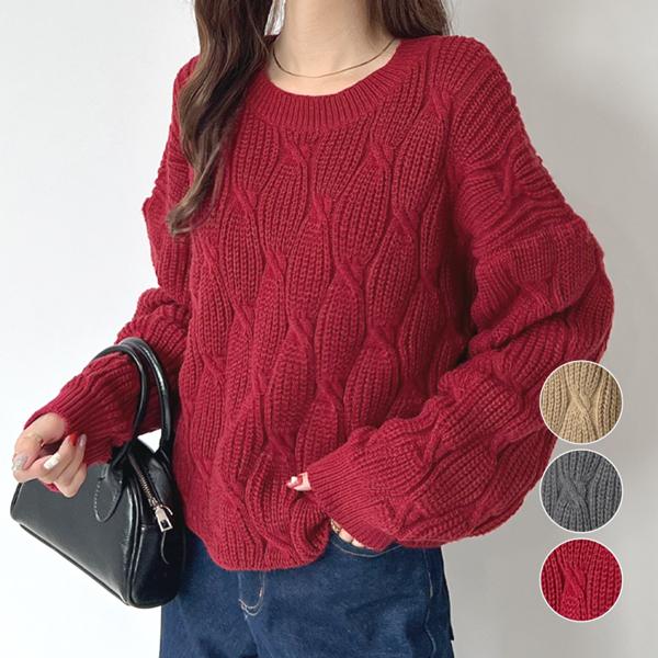 ニット 手編み風 ケーブルニット ショート丈 ざっくり編み ゆったりシルエット 体型カバー カジュアル / 手編み風ケーブルショートニットプルオーバー