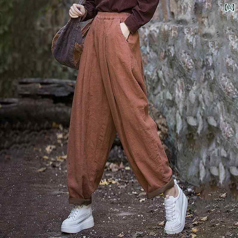 パンツ レディース ボトムス 女性 ラミー ハイウエスト 秋冬 ワイド レッグ キャロット 綿 リネン ズボン レトロ