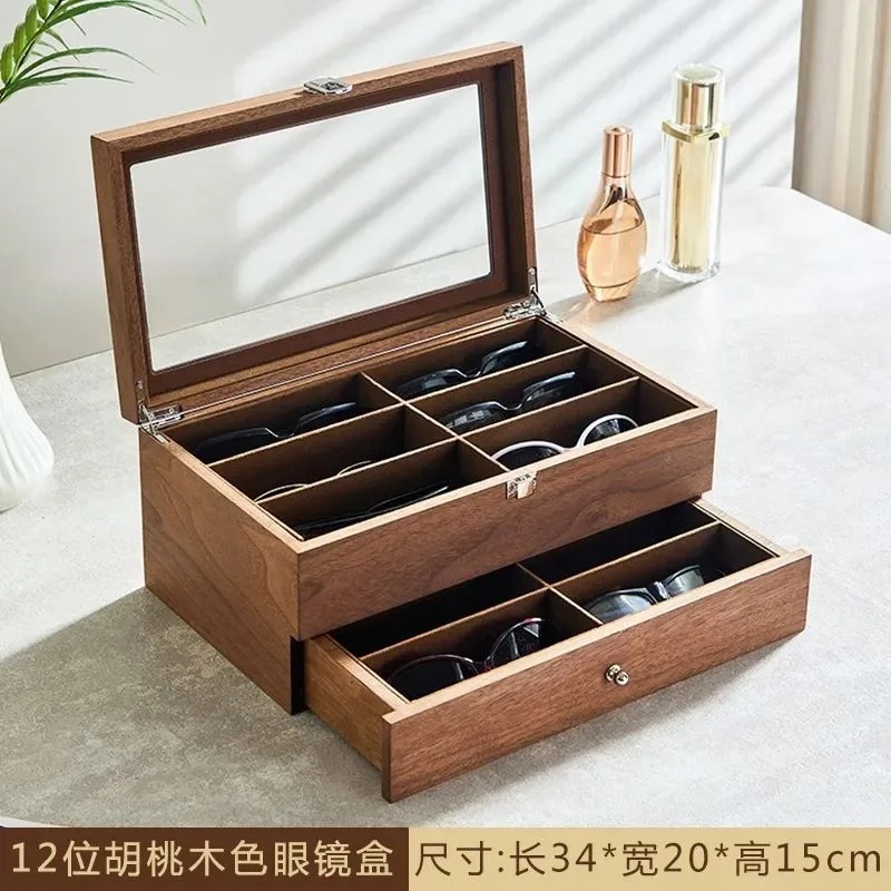 納期21日木製ガラスディスプレイラック,収納ボックス,引き出しタイプ,ダブル,12ペアのメガネ,超豪華,卸売り