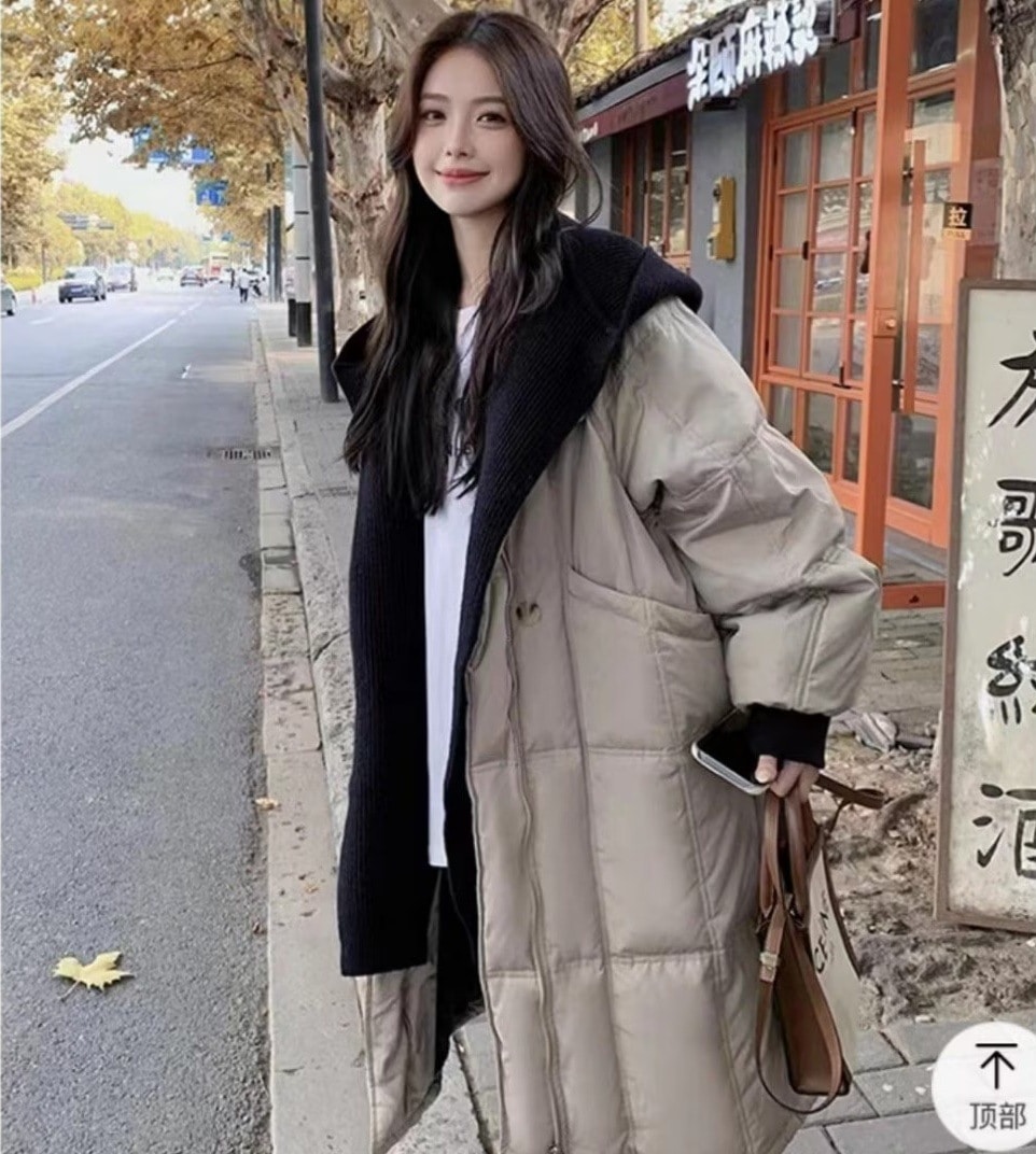 フェイクツーピースフード付きダウンジャケット女性用2023年冬新作韓国風ゆったり暖かいミドル丈ホワイトダックダウンジャケットトレンディ
