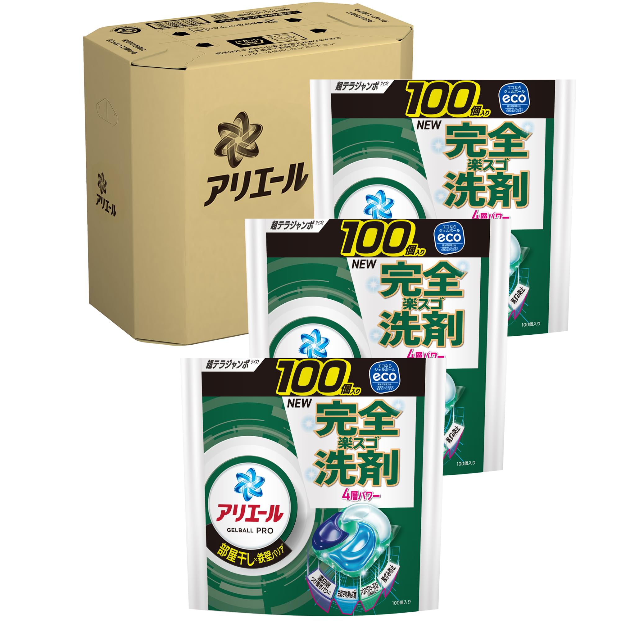 即日発送 アリエール 洗濯洗剤 ジェルボール プロ 部屋干し×鉄壁バリア 部屋干しでもさわやかな香り 詰め替え 100個ｘ3袋 [大容量] [ケース品]