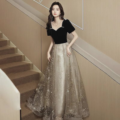 イブニングドレス 黒 ベロア ベルベット 発表会ドレス ロングドレス ブラック 結婚式ドレス 二次会ドレス お呼ばれドレス キャミドレス Vネック ドッキング イブニングドレス ロングドレス 黒 ベロア ベルベット チュール 発表会