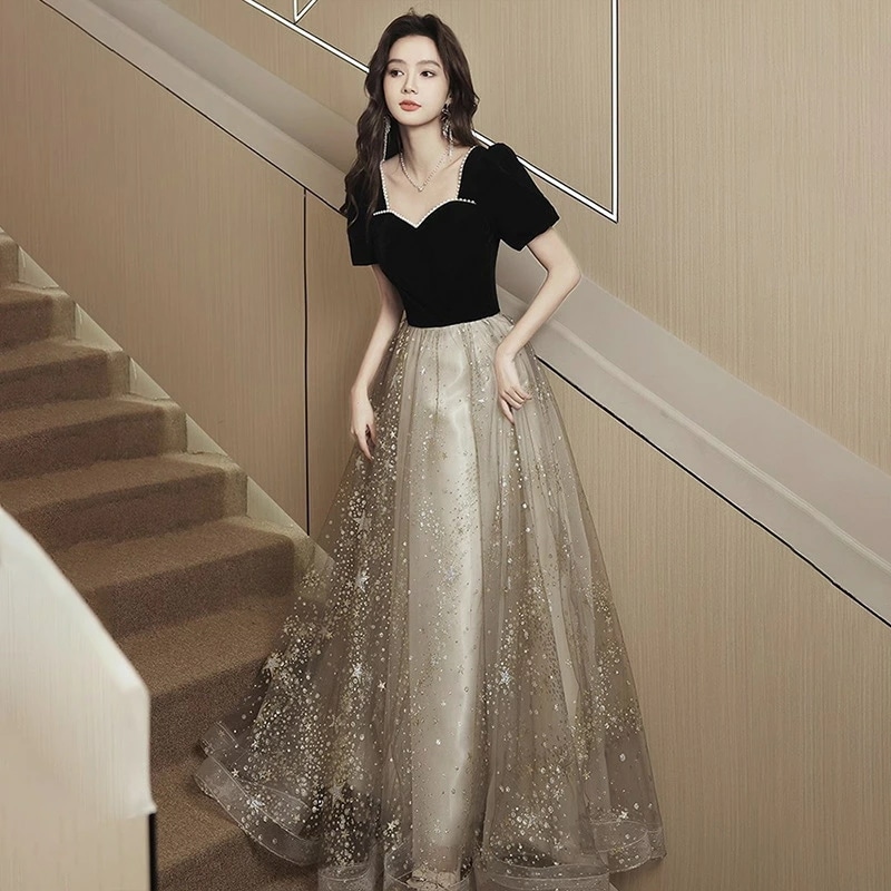 イブニングドレス ロングドレス 黒 ベロア ベルベット パール 可愛い 発表会ドレス ブラック 結婚式ドレス 二次会ドレス パーティードレス パフスリーブ ロング丈 Aライン XS S M L XL