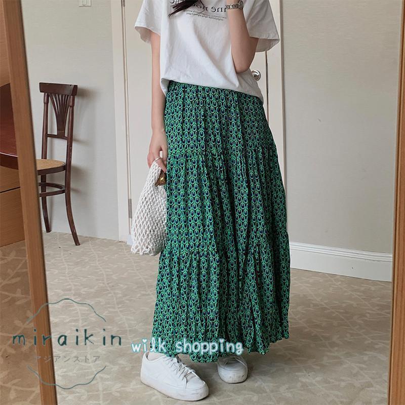 総柄 入学式 卒業式 緑 ボリュームデザインスカート スカート ロング Aライン 太め フレアスカート ロングスカート ゴム ボトムス レディース ロング 】スカート 【新作セール】【即納