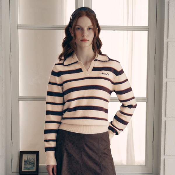 V NECK COLLAR STRIPE KNIT PULLOVER BEIGE