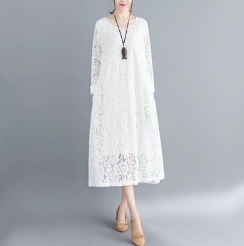 ワンピース モテアイテム サイズ豊富 シースルー 春秋 ミディアム丈 長袖 ラウンドネック フレア Aライン レース 透け感 シースルー 通気性 薄手 かわいい 可愛い きれいめ 上品