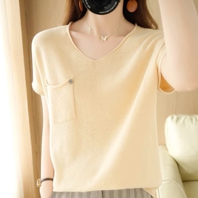 綿 Vネック Tシャツ シャツ トップス 半袖 ストレート かわいい 可愛い きれいめ シンプル カジュアル 上品 おしゃれ お洒落 可愛い 女子 こなれ感 ラフ ルーズ とろみ感